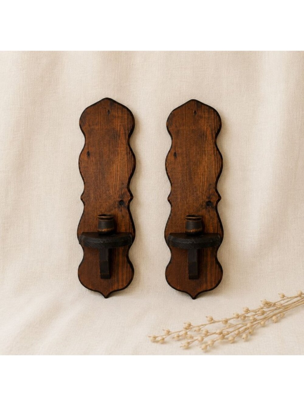 Wood Wall Candle Sconces Pair Colonial Early American Farmhouse Vtg Country Deco